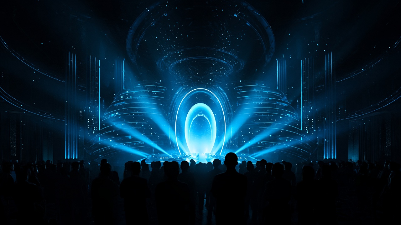Concept mockup: immersive venue spectacle with cyan light portal and audience